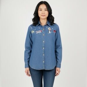 CJ Banks Blue Button Down Shirt with Embroidery